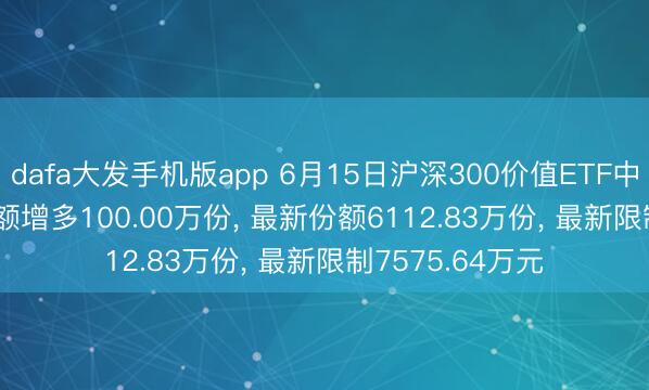dafa大发手机版app 6月15日沪深300价值ETF中原(159510)份额增多100.00万份, 最新份额6112.83万份, 最新限制7575.64万元